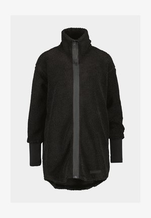 Veste en polaire noire avec col haut, fermeture éclair et manches longues. Possède une texture douce et un ourlet arrière légèrement plus long.