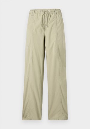 Light olive green trousers made from soft fabric with an elastic waistband and drawstring, featuring straight legs and subtle stitching details.