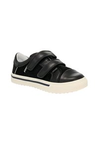 Zwarte sneaker met dubbele klittenbandsluitingen, van leer en suède, met een ronde neus, crèmekleurige rubberen zool en subtiele blauwe accentlijn.