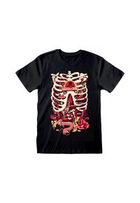 Czarny bawełniany t-shirt z kolorową grafiką szkieletowych żeber, logo "Anatomy Park" oraz zabawnymi elementami w stylu kreskówkowym.