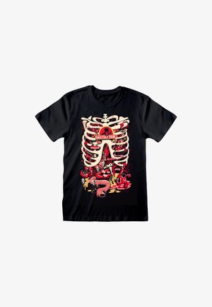 Sort T-shirt med et anatomisk ribben-design, der viser tegneserieagtige knogler, organer og små skeletfigurer mærket "Anatomy Park."