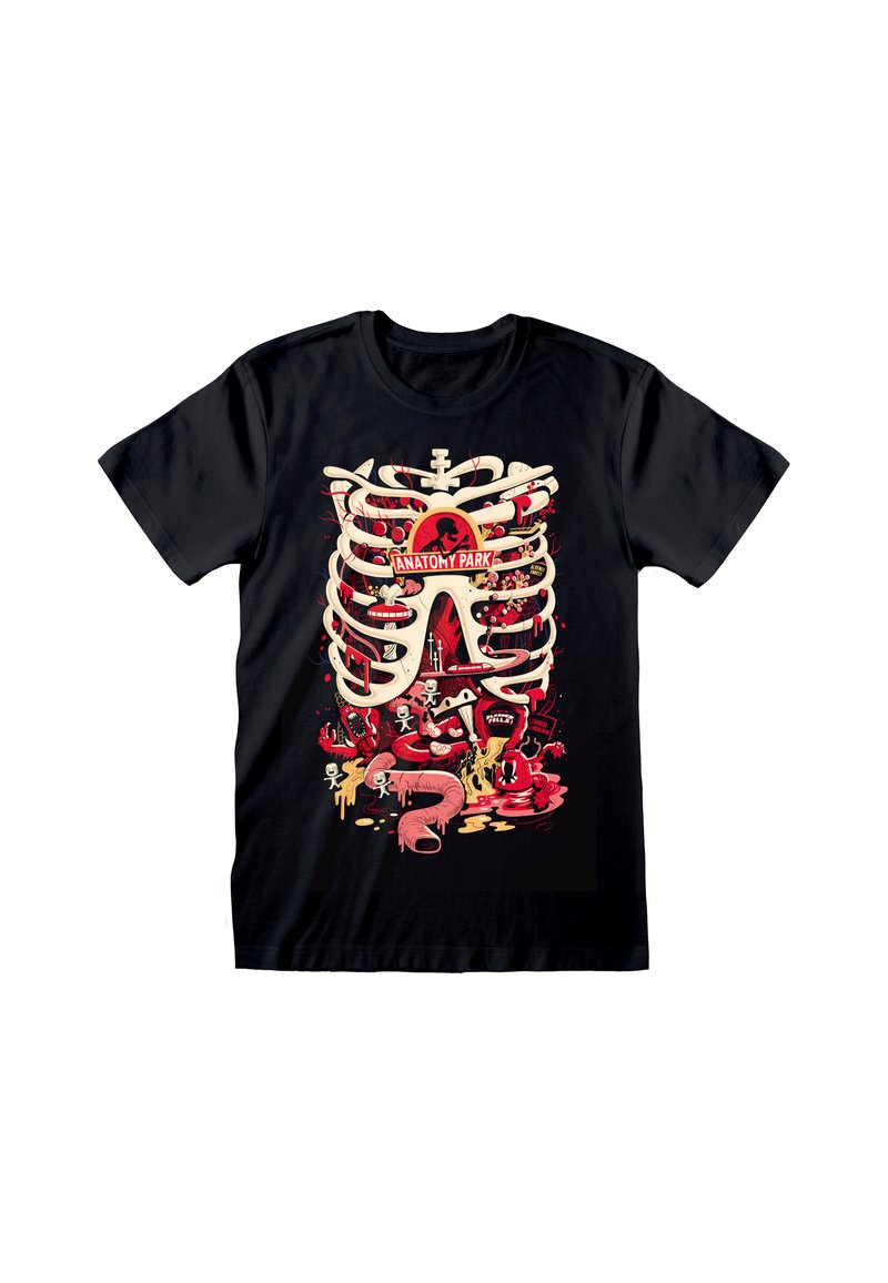 Czarny bawełniany t-shirt z kolorową grafiką szkieletowych żeber, logo "Anatomy Park" oraz zabawnymi elementami w stylu kreskówkowym.