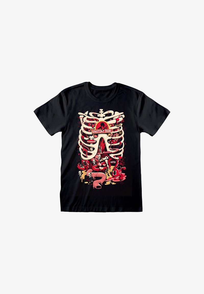 Czarny bawełniany t-shirt z kolorową grafiką szkieletowych żeber, logo "Anatomy Park" oraz zabawnymi elementami w stylu kreskówkowym.