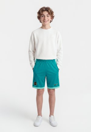 Tienerjongen lachend, draagt een wit shirt met lange mouwen, turquoise sportshorts met logo's, witte sneakers, staat met handen in de zakken tegen een effen achtergrond.