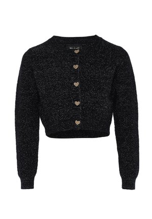 Schwarzer, kurz geschnittener Cardigan mit langen Ärmeln und fünf goldenen herzförmigen Knöpfen vorne.