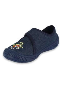 Marine slip-on schoen met een denimachtig textuur, voorzien van een kleurrijk geborduurd figuur aan de voorkant en een stevige rubberen zool met ribbels.
