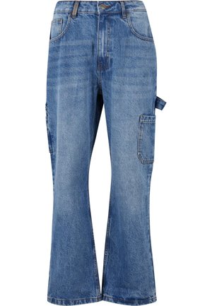 Blue denim cargo pants with a relaxed fit, featuring two side pockets and a slightly flared leg design. Casual, durable fabric texture.