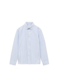 Chemise à manches longues à rayures horizontales bleu clair et blanche, avec un col classique et un ourlet droit. Tissu en coton doux.