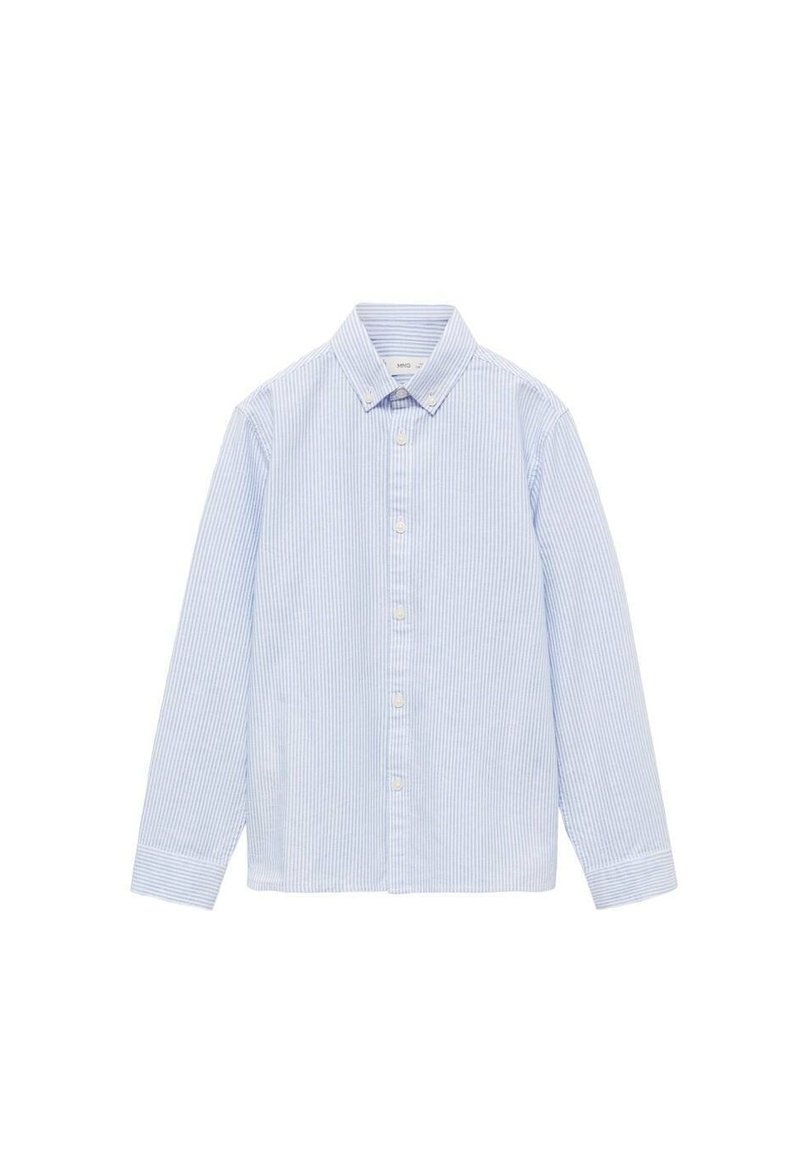 Chemise à manches longues à rayures horizontales bleu clair et blanche, avec un col classique et un ourlet droit. Tissu en coton doux.