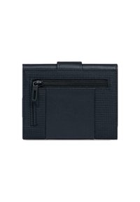 Zwarte portemonnee met een gestructureerd stoffen oppervlak, voorzien van een ritstasje en een vlakke kaarthouder. Compact rechthoekig ontwerp.