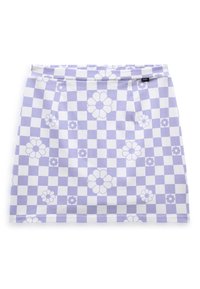 Jupe à carreaux violet et blanc avec des motifs floraux. Fabriquée en tissu doux, avec une coupe droite et une ceinture dissimulée.