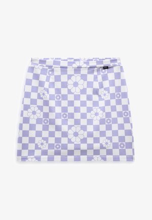 Jupe à carreaux violet et blanc avec des motifs floraux. Fabriquée en tissu doux, avec une coupe droite et une ceinture dissimulée.