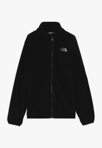 Giacca di pile nera con colletto alto e chiusura a zip. Presenta un piccolo logo bianco sul lato sinistro del petto. Maniche lunghe con polsini elasticizzati.