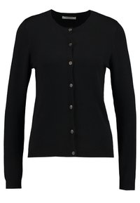 Svart cardigan i stickad tyg, med rund halsringning, långa ärmar och framknäppning med fem bruna knappar.