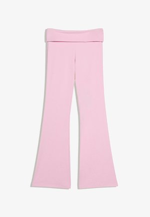 Light pink flared pants with a wide folded waistband, laid flat on a white background.