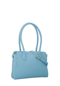 Jasnoniebieska torebka wykonana z gładkiego materiału syntetycznego, z dwiema długimi rączkami, regulowanym paskiem oraz prostokątnym kształtem z przeszytymi krawędziami.