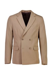 Blazer doppiopetto beige con due tasche frontali e fodera marrone. Presenta rever a incavo e doppia chiusura con bottoni. Tessuto dalla trama liscia.