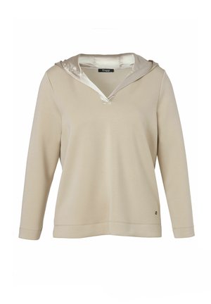 Beige Kapuzenpullover aus weichem Stoff mit satinbeschichtetem Kapuzenfutter, V-Ausschnitt, langen Ärmeln und einem Logo-Accenton am Saum.