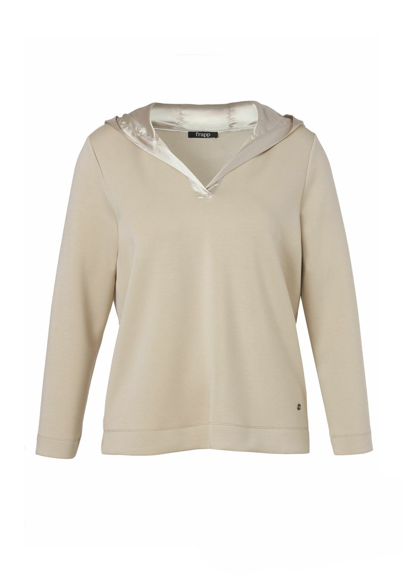 Beige Kapuzenpullover aus weichem Stoff mit satinbeschichtetem Kapuzenfutter, V-Ausschnitt, langen Ärmeln und einem Logo-Accenton am Saum.
