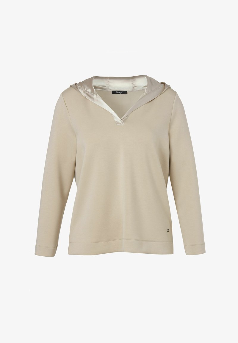 Beige Kapuzenpullover aus weichem Stoff mit satinbeschichtetem Kapuzenfutter, V-Ausschnitt, langen Ärmeln und einem Logo-Accenton am Saum.