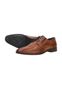 Bruin leren schoenen met een gladde afwerking, spits toelopende neus, getextureerde accenten en een rubberen zool voor grip, met blauwe veters.