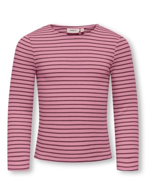 Pink long-sleeve top with thin dark purple horizontal stripes, ribbed texture, and a round neckline. Brand label "ONLY" visible at the neck.