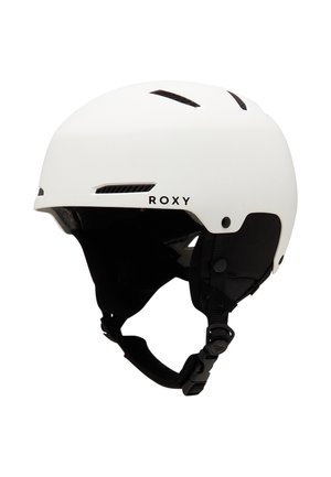 Witte helm van het merk Roxy met zwarte verstelbare kinband en ventilatieopeningen, ontworpen voor wintersport of skiën.