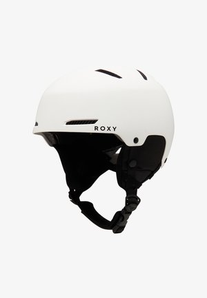 Witte helm van het merk Roxy met zwarte verstelbare kinband en ventilatieopeningen, ontworpen voor wintersport of skiën.