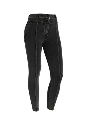 Jeans neri a vita alta con chiusura a due bottoni, taglio slim, cuciture a contrasto e cinque tasche, caratterizzati da una texture denim liscia.