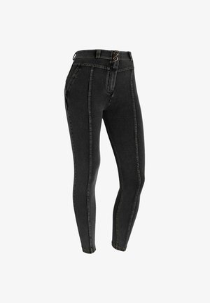 Jeans neri a vita alta con chiusura a due bottoni, taglio slim, cuciture a contrasto e cinque tasche, caratterizzati da una texture denim liscia.