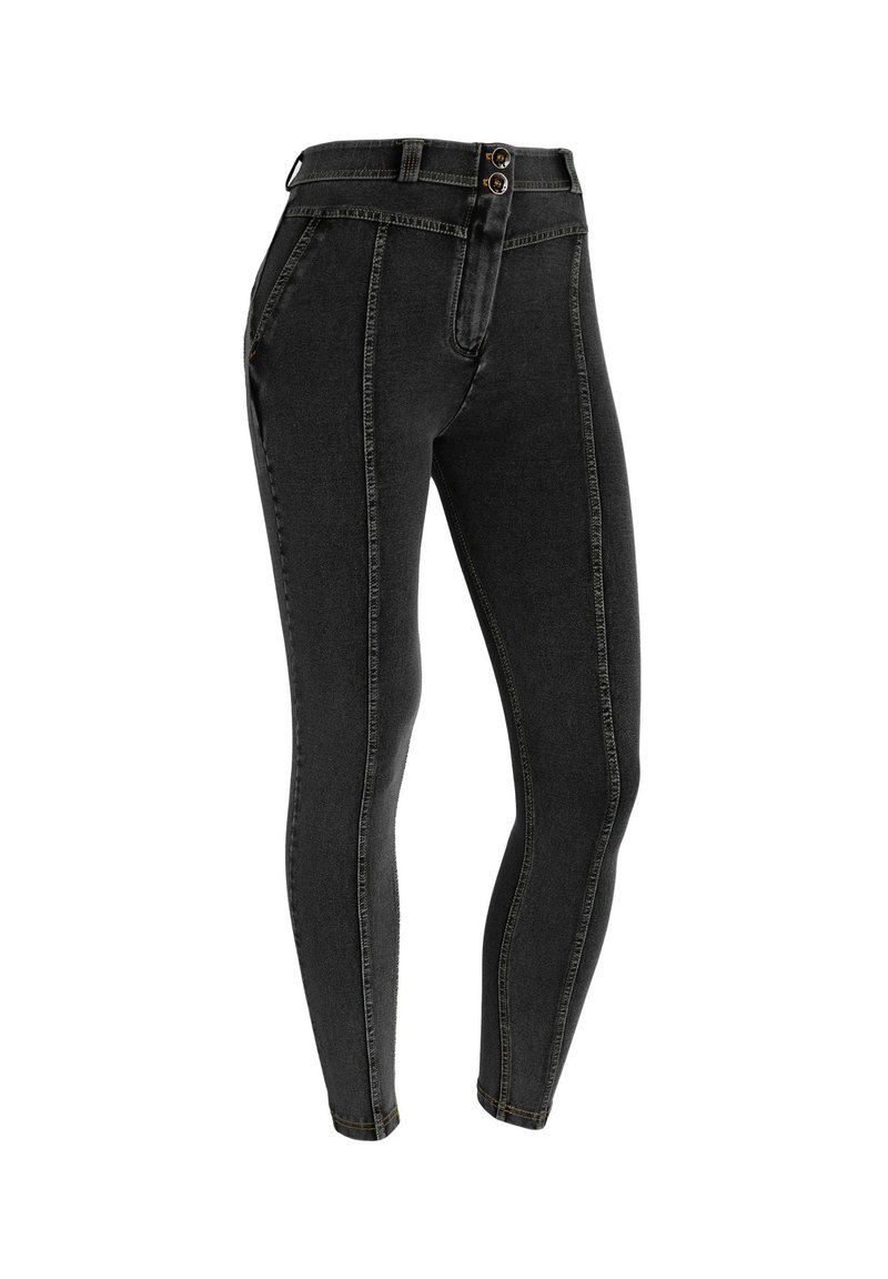 Jeans neri a vita alta con chiusura a due bottoni, taglio slim, cuciture a contrasto e cinque tasche, caratterizzati da una texture denim liscia.