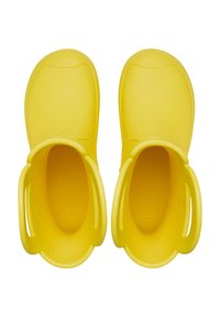 Pair of bright yellow rubber slip-on clogs with open backs and textured toe caps, viewed from above on a white background.