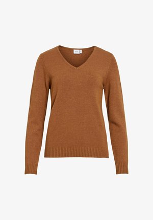 VILA, VIRIL V-NECK L/S KNIT TOP - NOOS - Striktrøje - nuthatch