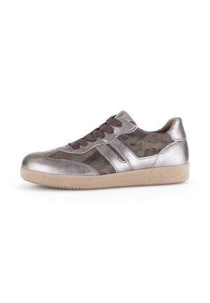Metallic silver sneaker with suede accents, lace-up design, rubber sole, and textured panels. Features two-tone color scheme and rounded toe.