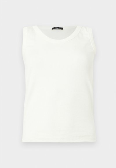 Débardeur blanc sans manches à col rond avec étiquette noire au col, présenté sur un fond clair uni.