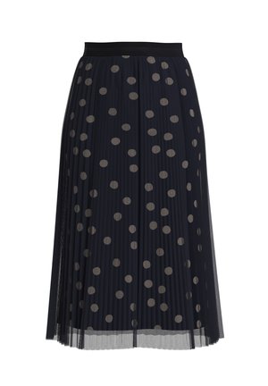 Schwarzer plissierter Midirock mit großen hellgrauen Tupfen und einem einfarbigen schwarzen Taillenbund.