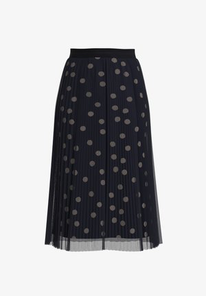 Schwarzer plissierter Midirock mit großen hellgrauen Tupfen und einem einfarbigen schwarzen Taillenbund.