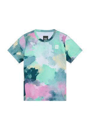 Kortærmet T-shirt med et abstrakt akvarelmønster i turkis, pink og gule nuancer. Fremstillet af blødt stof med en rund halsudskæring.