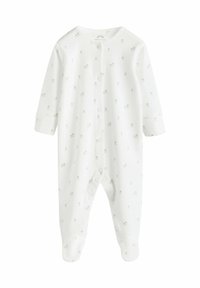 White baby onesie featuring a soft material, long sleeves, snap closures, and a delicate pattern of small bears throughout.