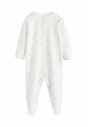 Vit babyoverall i mjukt material, långa ärmar, knäppningar och ett fint mönster av små björnar över hela.