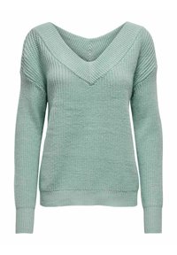 Pull en tricot vert clair avec un décolleté en V profond, des manches longues et des poignets côtelés avec une finition texturée. Design décontracté idéal pour le superposition.