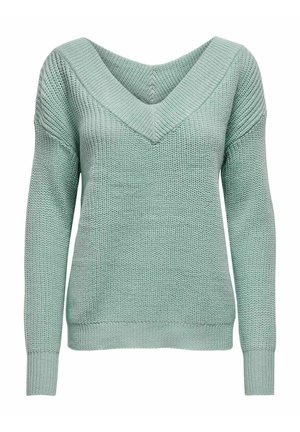 Lys grøn strikket sweater med dyb V-hals, lange ærmer og ribbede manchetter med en tekstureret finish. Casual design til lagdeling.