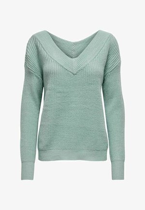 Hellgrüner Strickpullover mit tiefem V-Ausschnitt, langen Ärmeln und gerippten Bündchen mit strukturierter Oberfläche. Lässiges Design zum Drunterziehen.