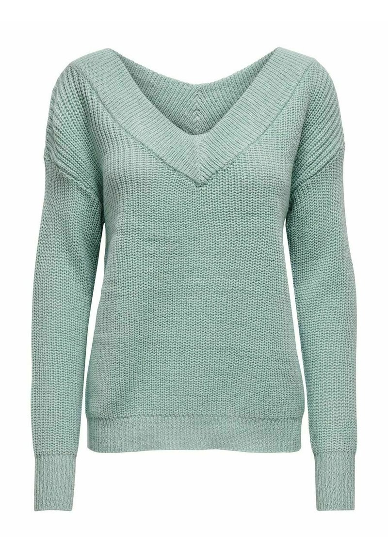 Pull en tricot vert clair avec un décolleté en V profond, des manches longues et des poignets côtelés avec une finition texturée. Design décontracté idéal pour le superposition.