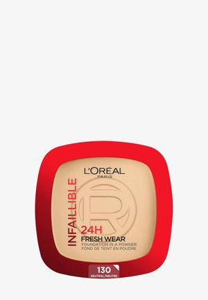 Fond de teint poudre L'Oréal Infaillible Fresh Wear en teinte 130 Neutre, dans un boîtier compact à bordures rouges.