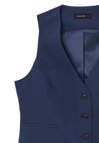 Marineblaue ärmellose Weste mit tiefem V-Ausschnitt, fünf schwarzen Knöpfen und einer eleganten Textur. Verfügt über eine Seitentasche für zusätzliche Funktionalität.