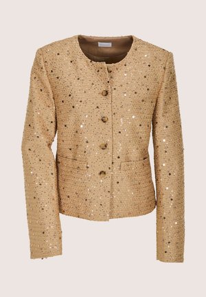Beige strukturierte Damenjacke mit langen Ärmeln, rundem Ausschnitt, vorderen Knöpfen und glänzenden Paillettenverzierungen auf dem gesamten Stoff.