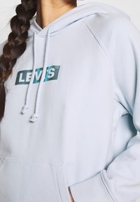 Sudadera con capucha azul claro hecha de tela suave, con un bolsillo frontal estilo canguro, capucha con cordón y un logo de Levi's impreso en verde oscuro.