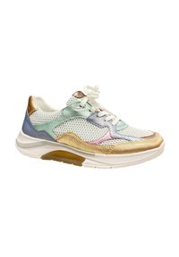 Baskets multicolores avec des panneaux en mesh, des accents dorés et pastel, un bout arrondi et une semelle rembourrée en caoutchouc texturé.