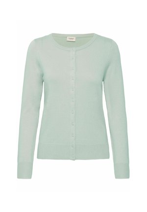 Cardigan vert menthe clair en tissu doux, avec un col rond, une fermeture à boutons sur le devant et des poignets et un ourlet côtelés.
